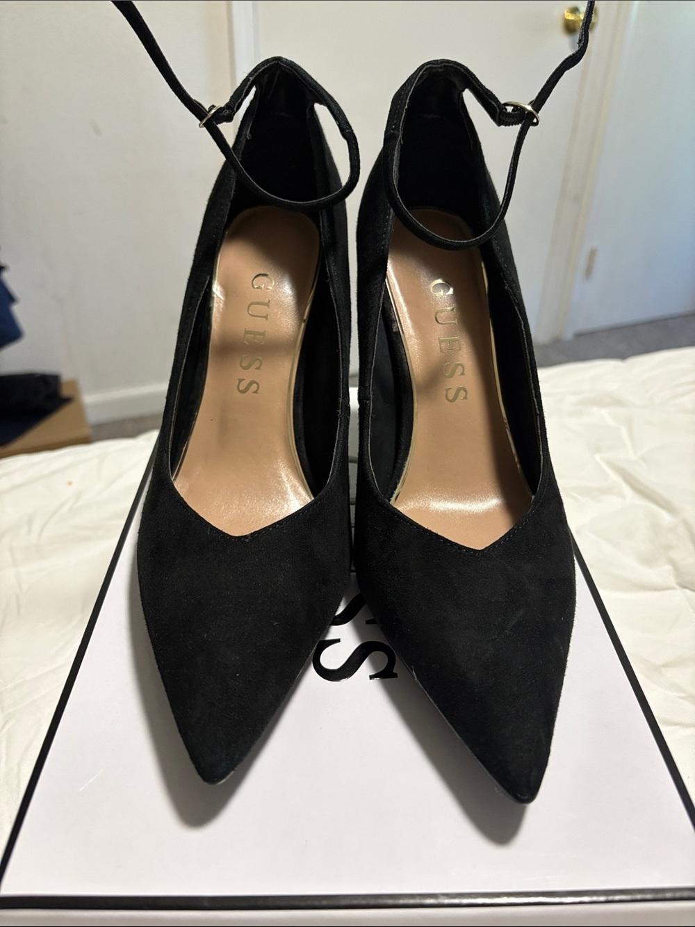 GUESS Black Pointed-Toe Ankle-Strap Pumps